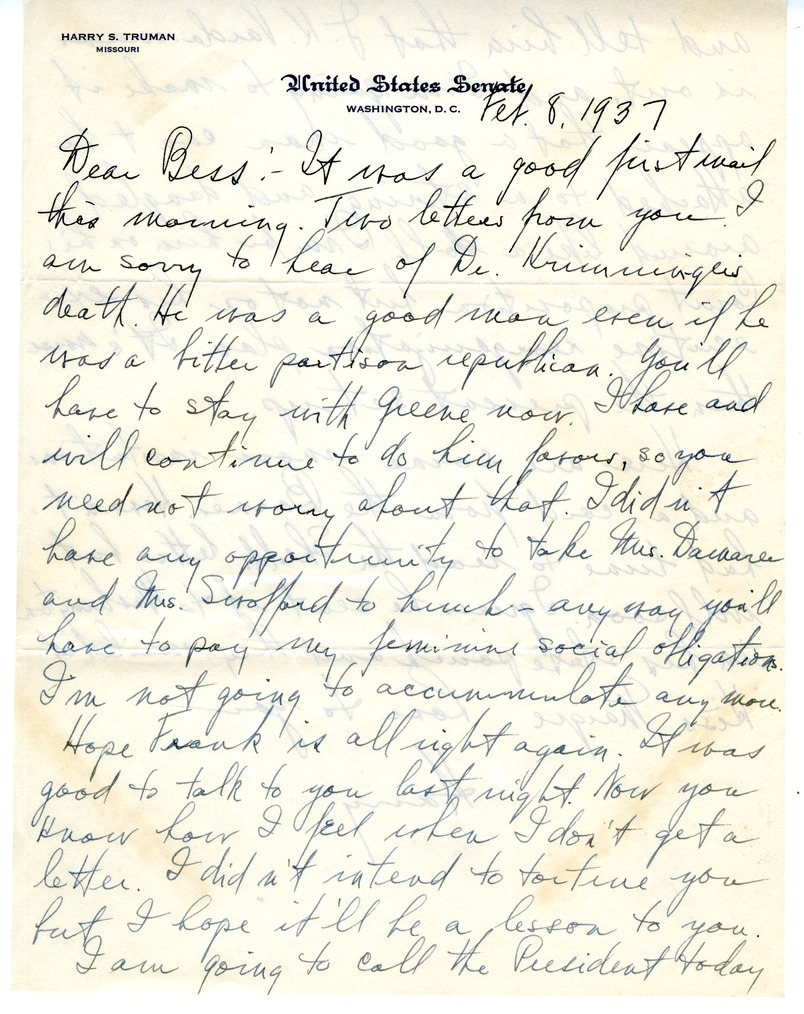 Letter from Harry S. Truman to Bess W. Truman