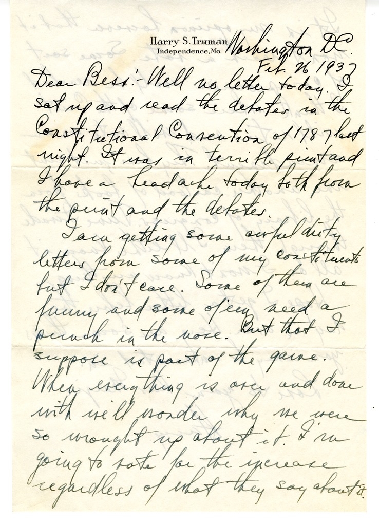 Letter from Harry S. Truman to Bess W. Truman