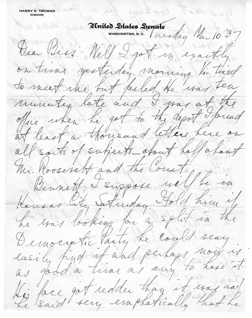 Letter from Harry S. Truman to Bess W. Truman