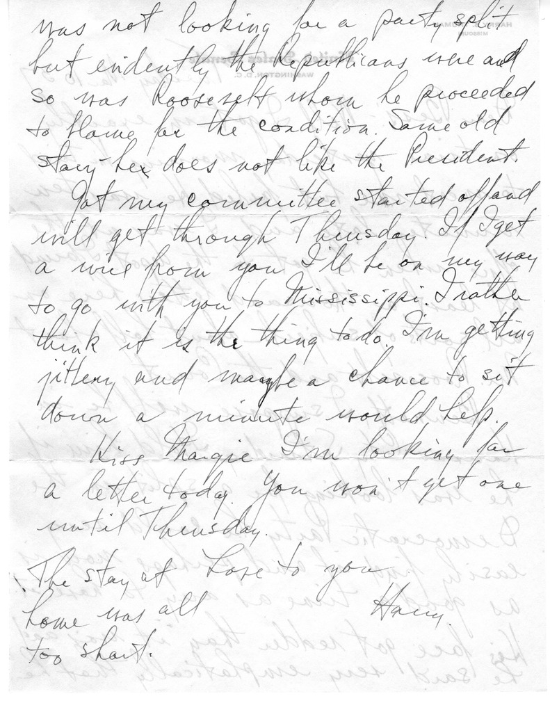 Letter from Harry S. Truman to Bess W. Truman