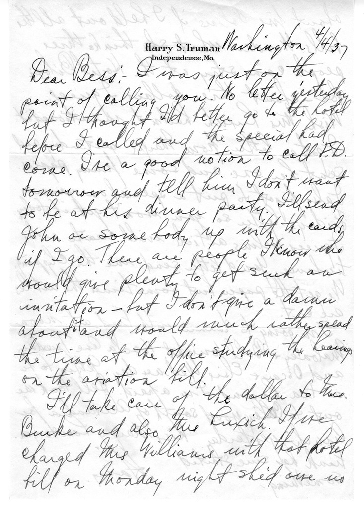 Letter from Harry S. Truman to Bess W. Truman