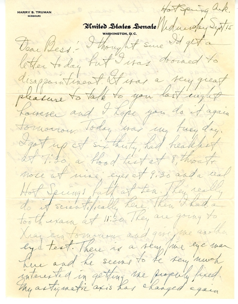 Letter from Harry S. Truman to Bess W. Truman