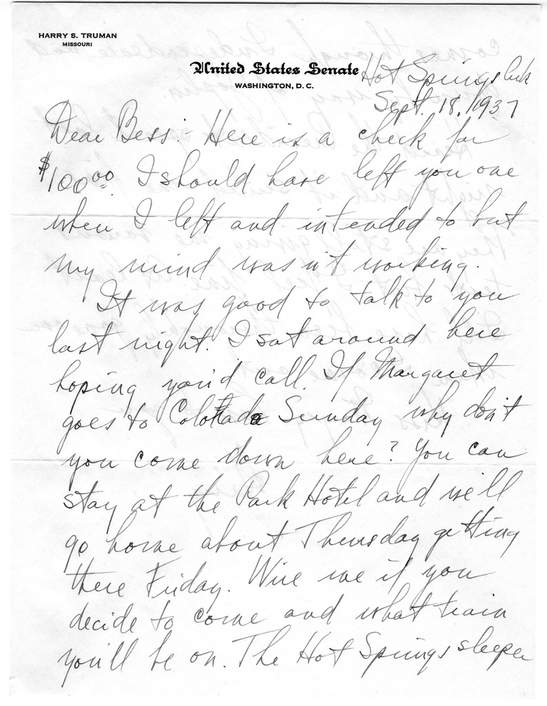 Letter from Harry S. Truman to Bess W. Truman