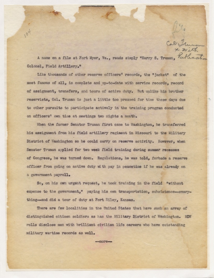 Draft Article Profile of "Harry S. Truman, Colonel, Field Artillery," Author Unknown