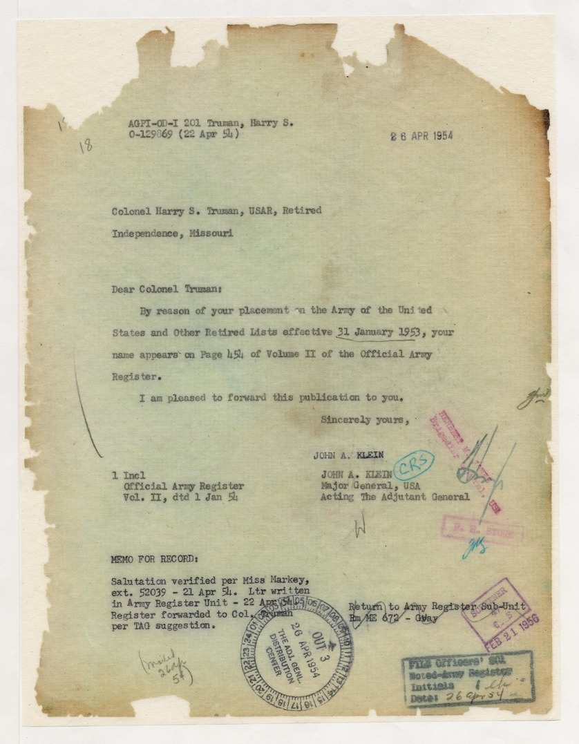 Memorandum from Major General John A. Klein to Former President Harry S. Truman