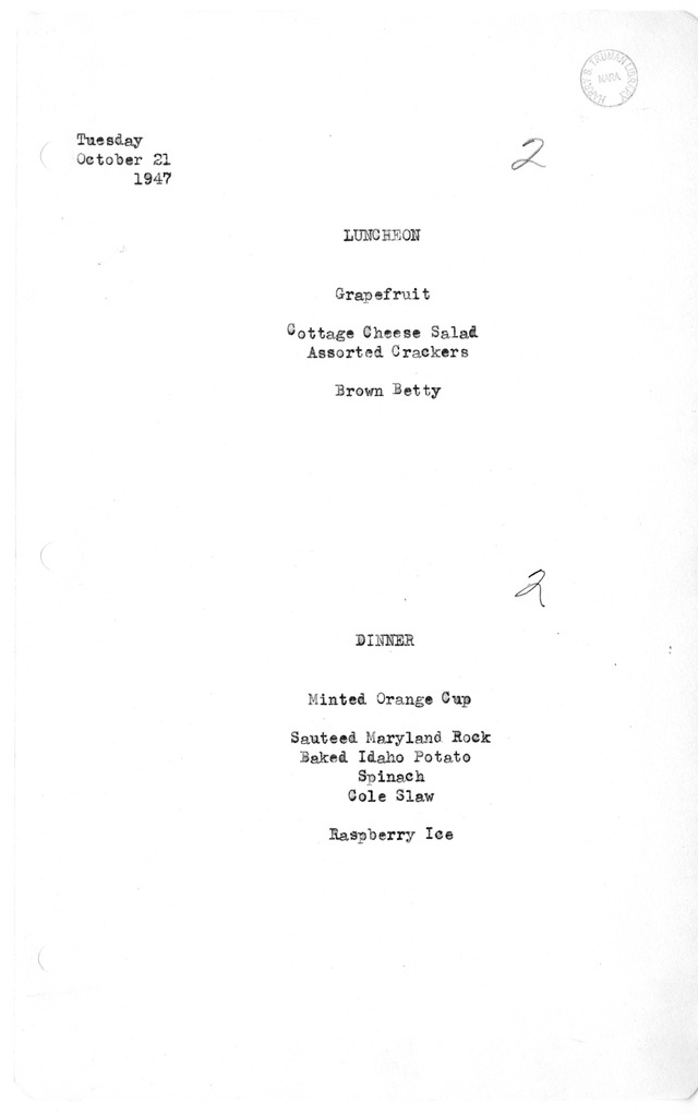 White House Luncheon and Dinner Menu