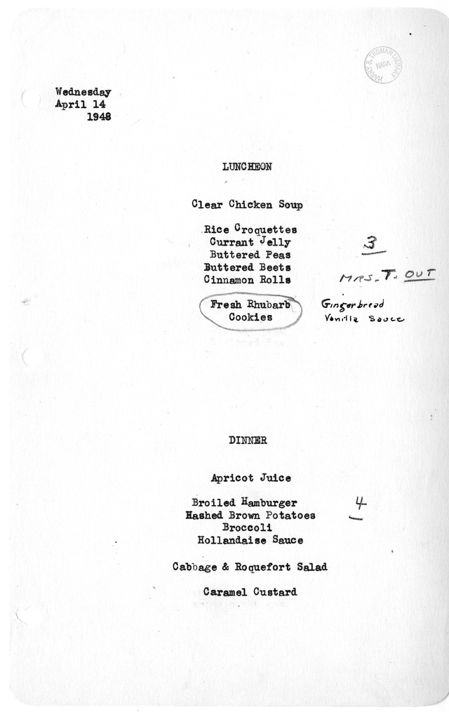 White House Luncheon and Dinner Menu