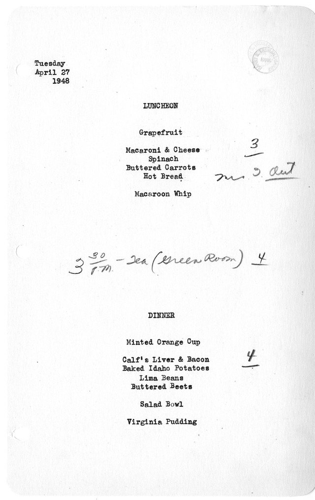 White House Luncheon and Dinner Menu