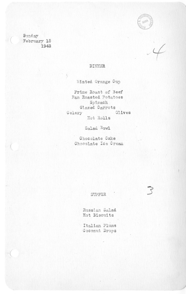 White House Dinner and Supper Menu