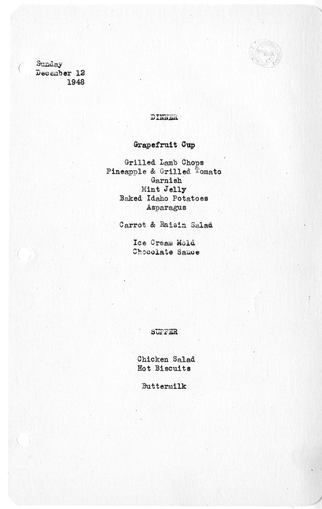 White House Dinner and Supper Menu