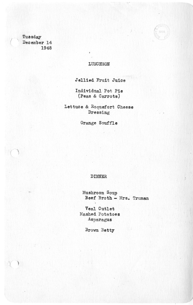 White House Luncheon and Dinner Menu