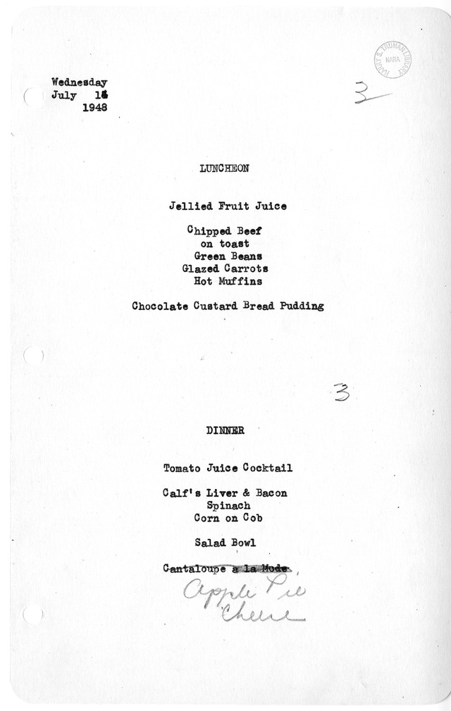 White House Luncheon and Dinner Menu