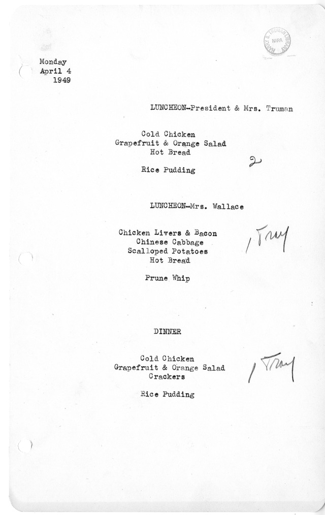 White House Luncheon and Dinner Menu