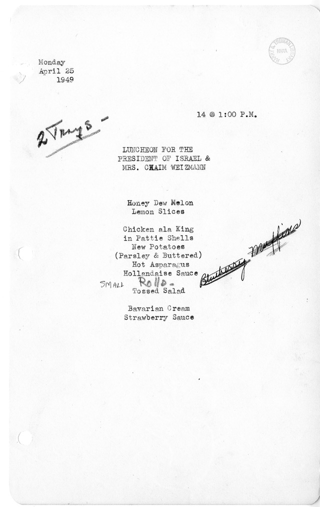 White House Luncheon Menu for the President of Israel & Mrs. Chaim Weizmann