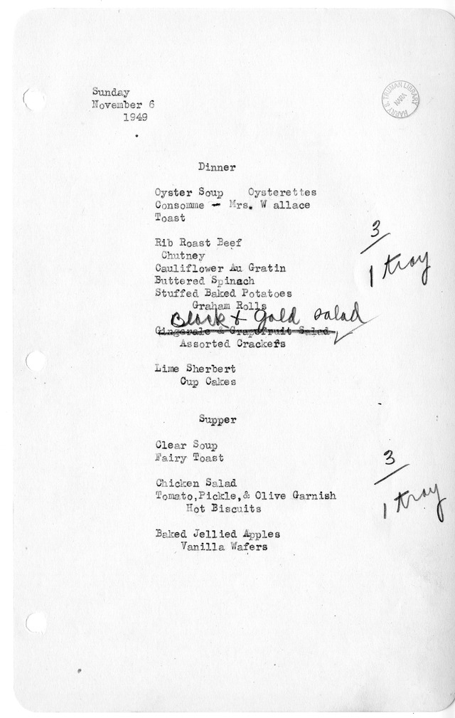 White House Dinner and Supper Menu