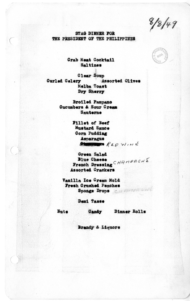 White House Menu for Stag Dinner for the President Elpidio Quirino of the Philippines