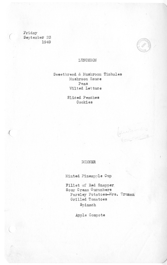 White House Luncheon and Dinner Menu