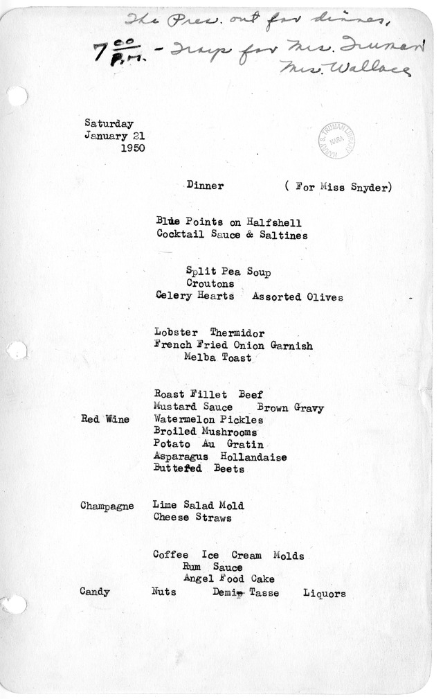 White House Dinner Menu For Miss Snyder