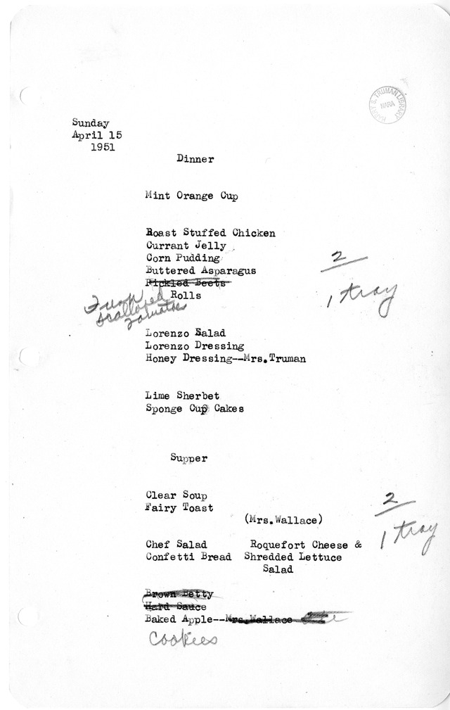 White House Dinner and Supper Menu