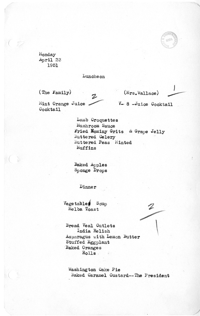 White House Luncheon and Dinner Menu