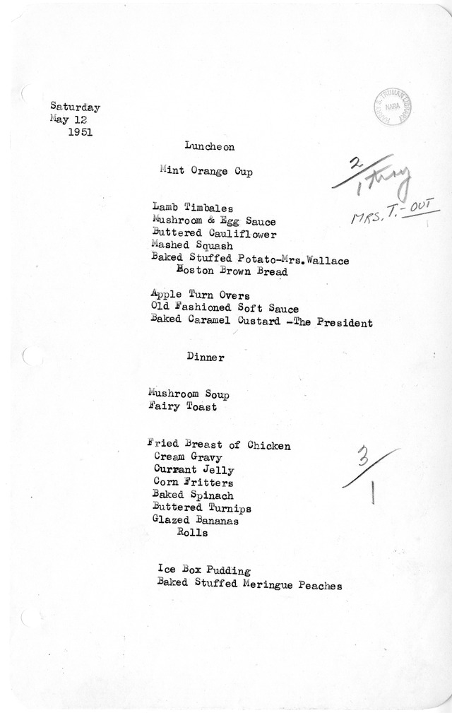 White House Luncheon and Dinner Menu