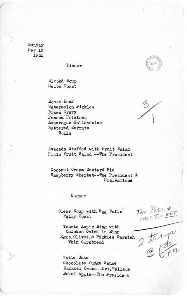 White House Dinner and Supper Menu