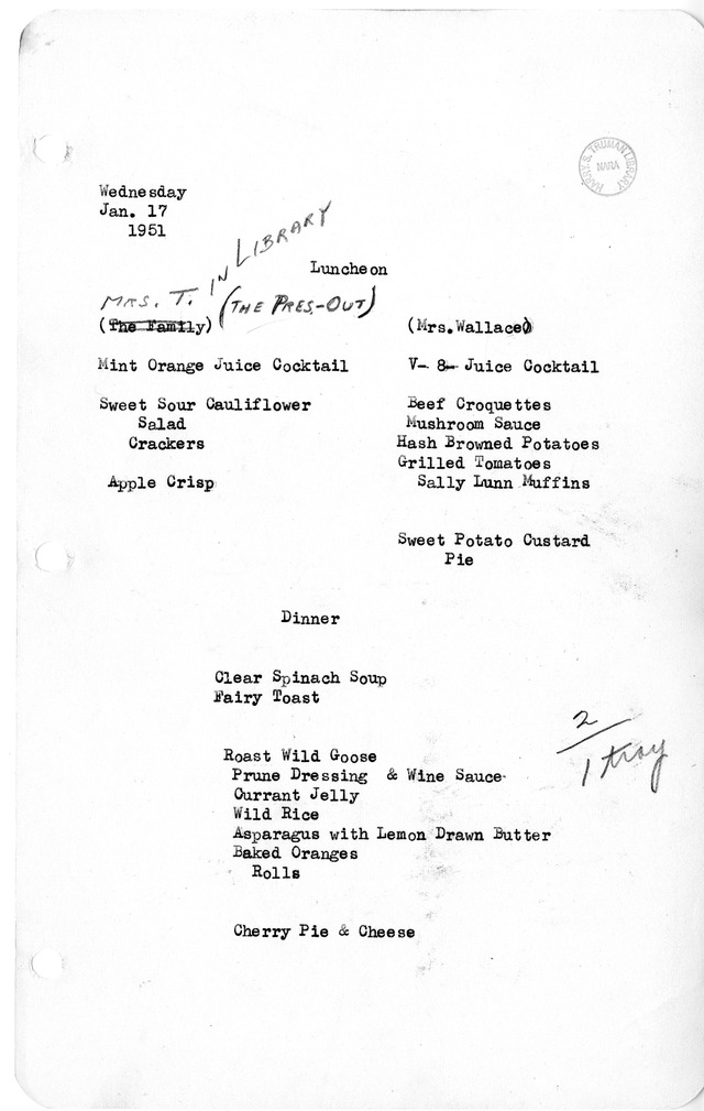 White House Luncheon and Dinner Menu