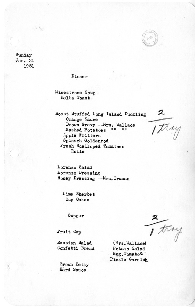 White House Dinner and Supper Menu