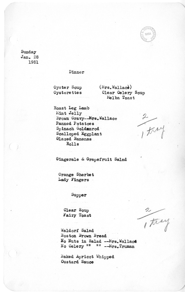 White House Dinner and Supper Menu