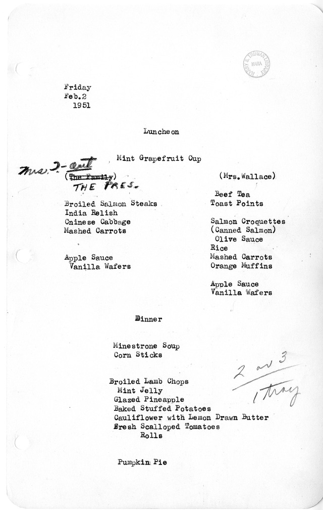 White House Luncheon and Dinner Menu