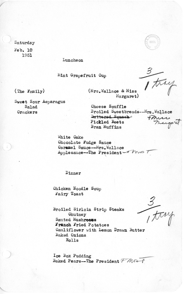 White House Luncheon and Dinner Menu