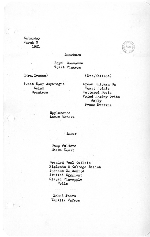 White House Luncheon and Dinner Menu