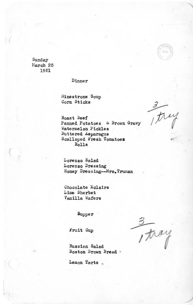 White House Dinner and Supper Menu