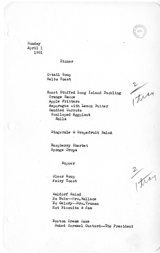 White House Dinner and Supper Menu