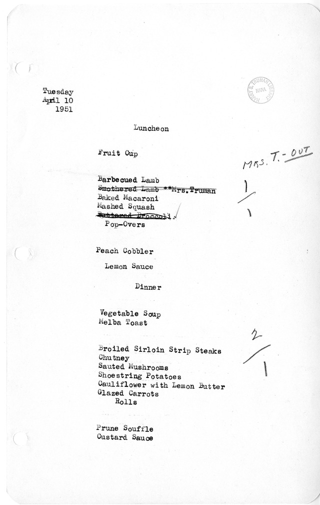 White House Luncheon and Dinner Menu