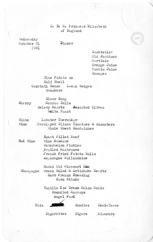 White House Dinner Menu for Her Royal Highness Princess Elizabeth of England