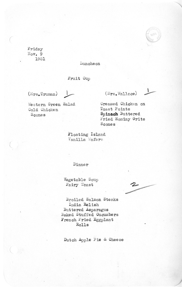 White House Luncheon and Dinner Menu