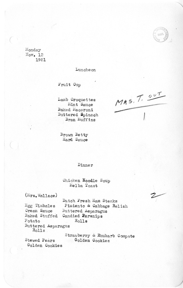 White House Luncheon and Dinner Menu