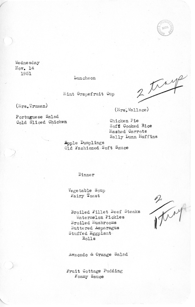 White House Luncheon and Dinner Menu