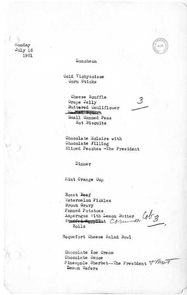 White House Luncheon and Dinner Menu