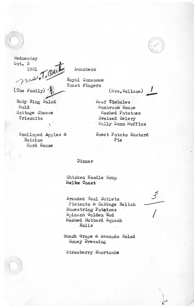 White House Luncheon and Dinner Menu