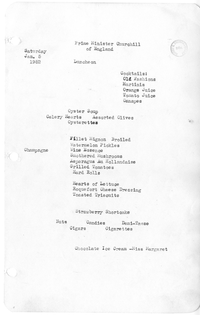 White House Luncheon Menu for Prime Minister Winston Churchill of Great Britain