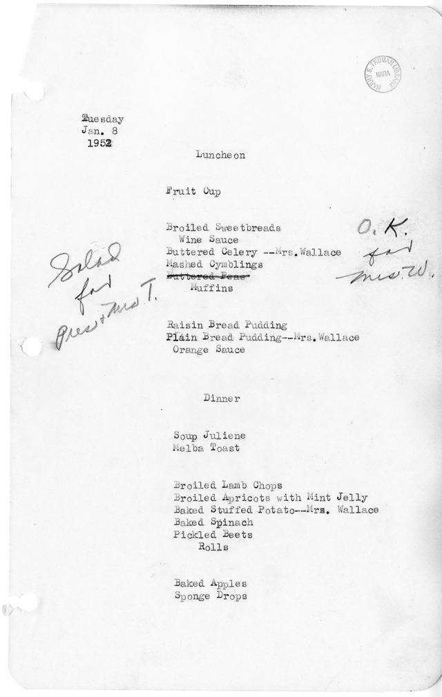 White House Luncheon and Dinner Menu