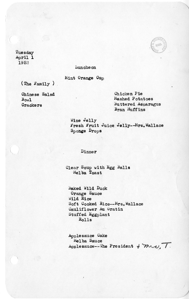 White House Luncheon and Dinner Menu