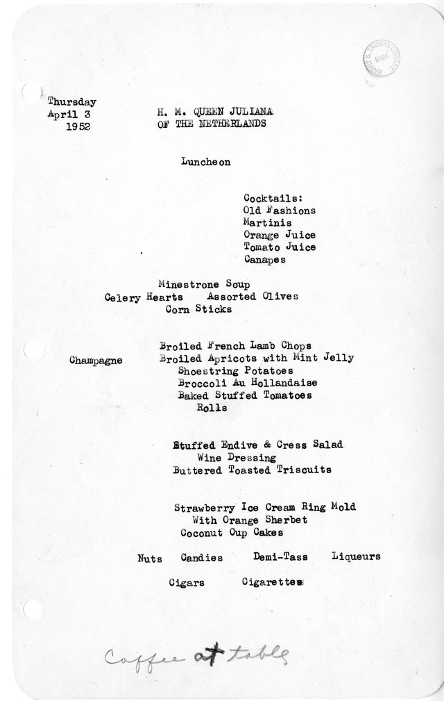 White House Luncheon Menu for Her Majesty Queen Juliana of The Netherlands