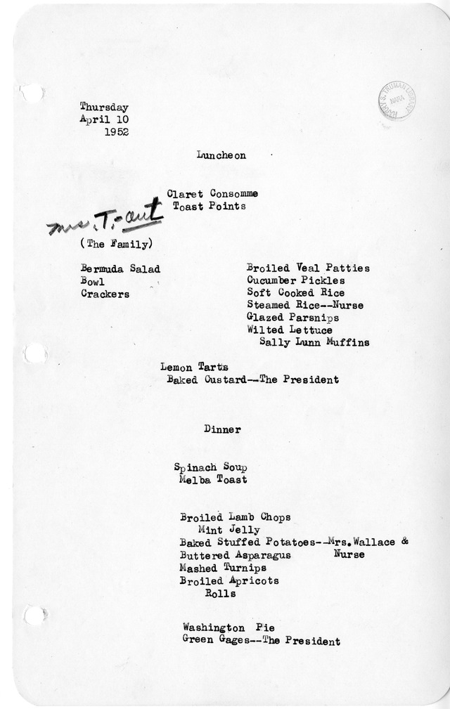 White House Luncheon and Dinner Menu