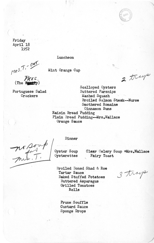 White House Luncheon and Dinner Menu