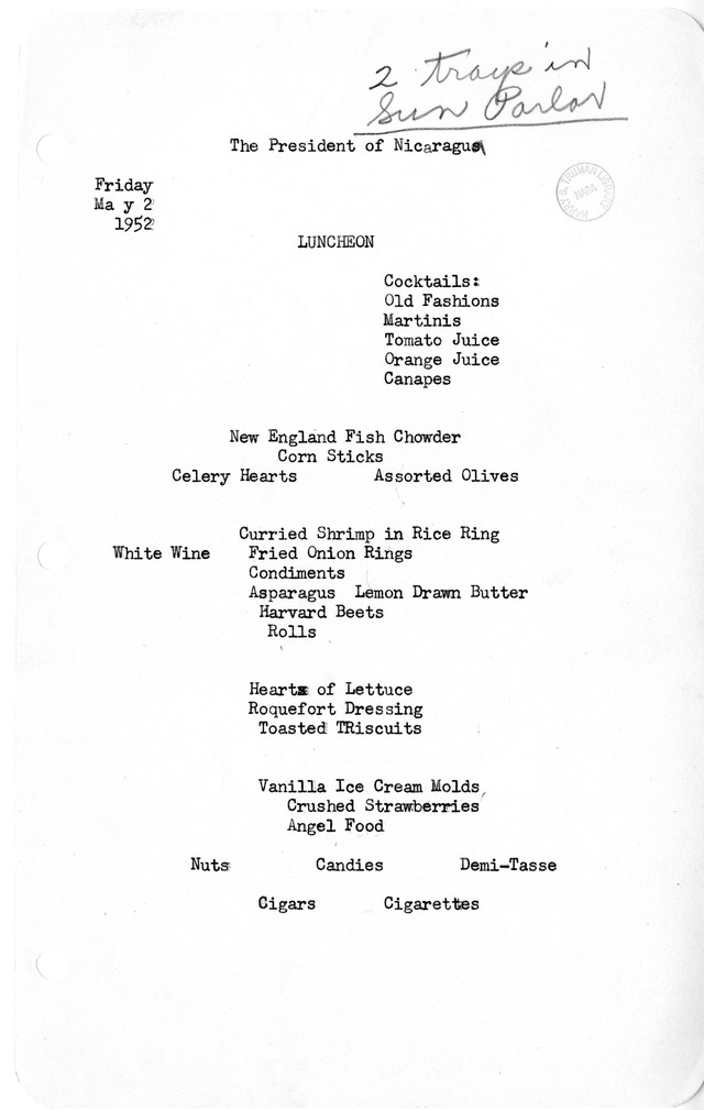 White House Luncheon Menu for the President of Nicaragua