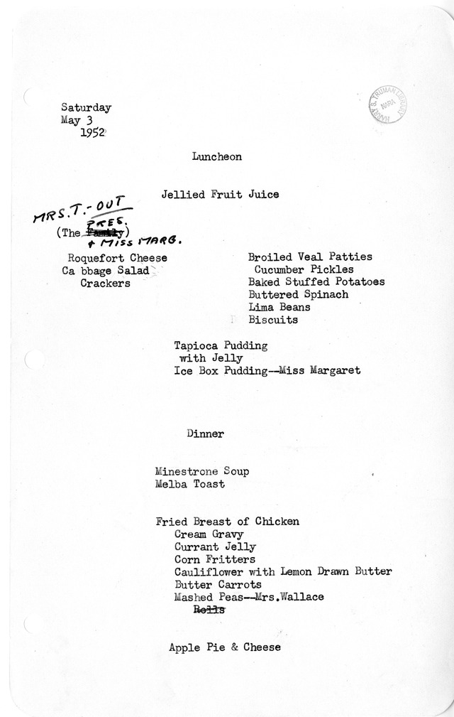 White House Luncheon and Dinner Menu