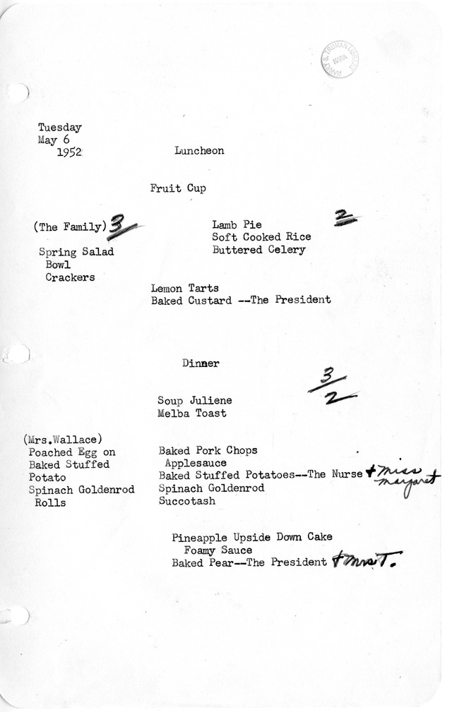 White House Luncheon and Dinner Menu